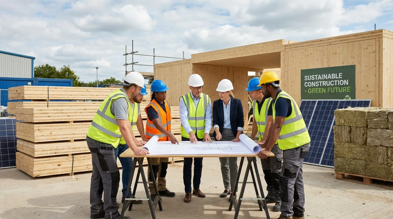 A construction team reviews blueprints on a sustainable building site, emphasizing collaborative planning and safety protocols.