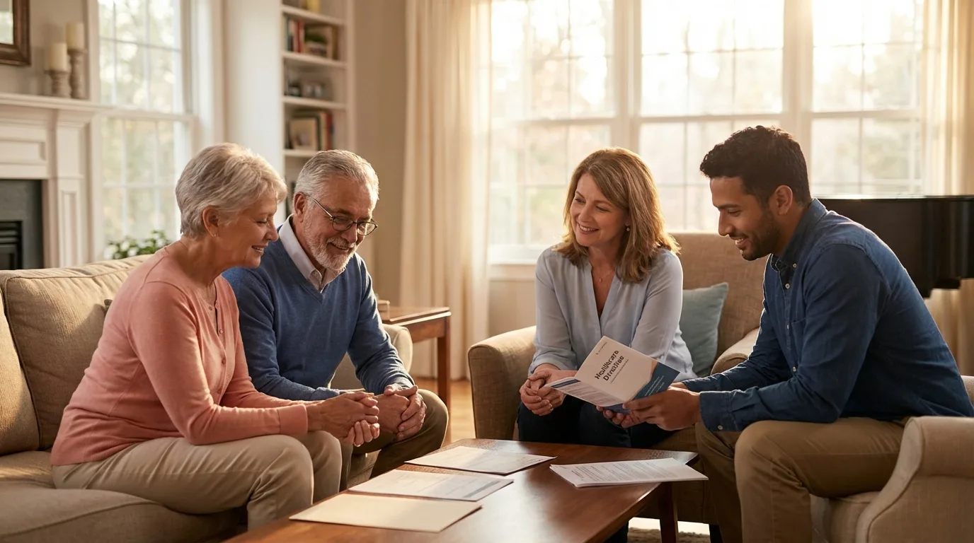 A diverse group of people are engaged in a respectful discussion about healthcare wishes. The setting is a comfortable living room.