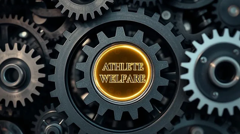 A photorealistic, professional photography, 8K image of a complex, interconnected gear system, representing sports governance, with one central, brightly lit gear labeled 'Athlete Welfare' smoothly driving the entire mechanism. Cinematic lighting, sharp focus on the central gear, depth of field blurring the background, shot on a high-end DSLR, symbolizing the successful implementation and measurement of athlete welfare as the driving force.