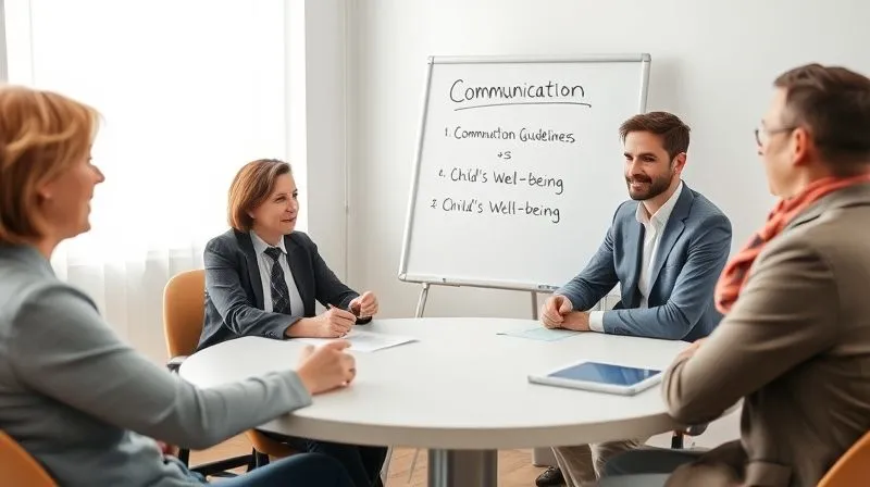 A photorealistic image of a mediator, dressed professionally, sitting at a round table with two parents, gently gesturing to a whiteboard with bullet points on 'Communication Guidelines' and 'Child's Well-being.' The room is bright, calm, and modern, with soft, natural light. Professional photography, 8K, cinematic lighting, sharp focus on the mediator, depth of field, shot on a high-end DSLR.