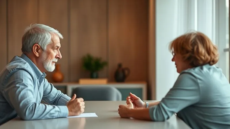 A photorealistic image of a male mediator, mid-40s, with a kind, attentive expression, leaning slightly forward and actively listening to two parents across a table. The parents appear engaged, one with a thoughtful expression, the other nodding. The setting is a professional, modern mediation room with warm lighting. Professional photography, 8K, cinematic lighting, sharp focus on the mediator and parents, depth of field, shot on a high-end DSLR.