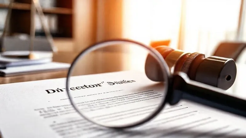 A photorealistic image of a legal document titled "Director's Duties" with a magnifying glass over a critical section, emphasizing scrutiny and detail. The background is a blurred, modern office setting. Professional photography, 8K, cinematic lighting, sharp focus on the document, depth of field, shot on a high-end DSLR.