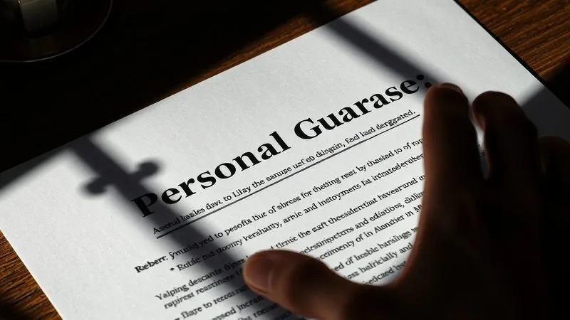 A photorealistic image of a legal document highlighting a "Personal Guarantee" clause, with a heavy, dark shadow of a person's hand reaching for it, symbolizing the weight of personal responsibility. Professional photography, 8K, cinematic lighting, sharp focus on the document, depth of field, shot on a high-end DSLR.