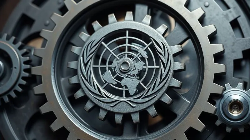A photorealistic image depicting a complex, interlocking gear mechanism, with one central, larger gear representing the UN Security Council, and smaller gears representing individual states. Some gears are jammed, preventing smooth operation. Cinematic lighting, sharp focus on the intricate details, depth of field blurring the background. Professional photography, 8K, shot on a high-end DSLR, symbolizing the challenges of multilateral authorization.