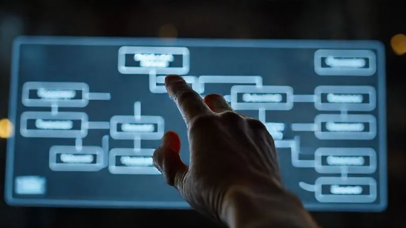 A photorealistic, professional photography, 8K, cinematic lighting, sharp focus, depth of field shot on a high-end DSLR, depicting a sophisticated, minimalist flowchart or decision tree on a glowing holographic display. The nodes are labeled with terms like 'Legal Review', 'Stakeholder Analysis', 'Strategy Formulation', and 'Judicial Challenge', with clear arrows indicating decision paths. A focused hand points to a central node, symbolizing strategic guidance.