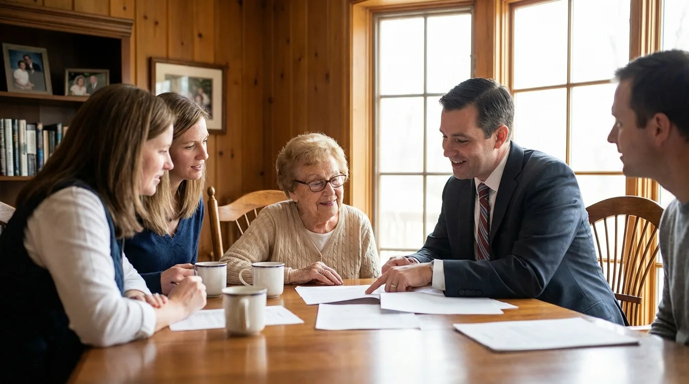 An elderly woman sits at a table surrounded by her adult children, reviewing legal documents. A lawyer is present, explaining the details. The atmosphere is calm and supportive.