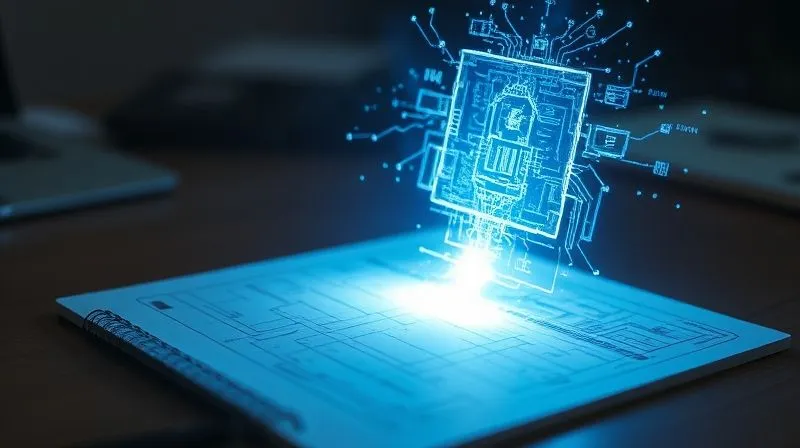 A photorealistic image of a glowing, ethereal blueprint emerging from a physical sketchpad, with digital code symbols subtly woven into the light, representing the transition from idea to fixed expression and digital protection. Cinematic lighting, sharp focus on the blueprint, depth of field blurring the background, 8K hyper-detailed.