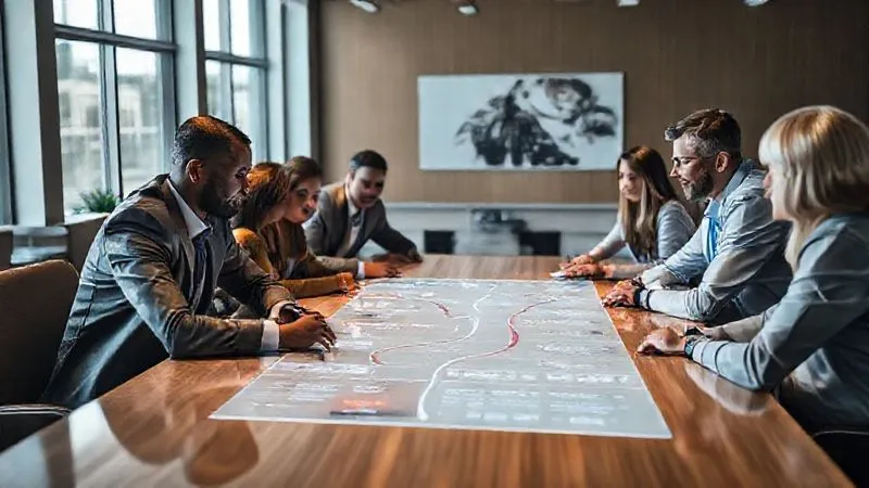 photorealistic, professional photography, 8K, cinematic lighting, sharp focus, depth of field, shot on a high-end DSLR. A diverse team of professionals (athlete, agent, lawyer, marketing specialist, financial advisor) gathered around a large table, looking at a digital projection of a career roadmap, with the athlete at the center. The atmosphere is collaborative and forward-looking, representing a holistic approach to athlete representation.