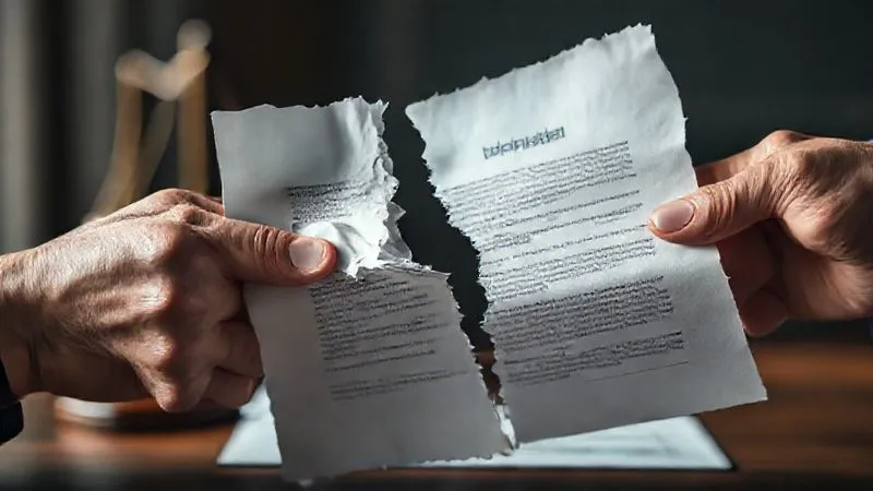 photorealistic, professional photography, 8K, cinematic lighting, sharp focus, depth of field, shot on a high-end DSLR. Two hands pulling apart a contract document, with one side appearing frayed and distressed, while the other side is clean and ready for a new signature. A subtle legal gavel is blurred in the background, representing conflict and resolution.