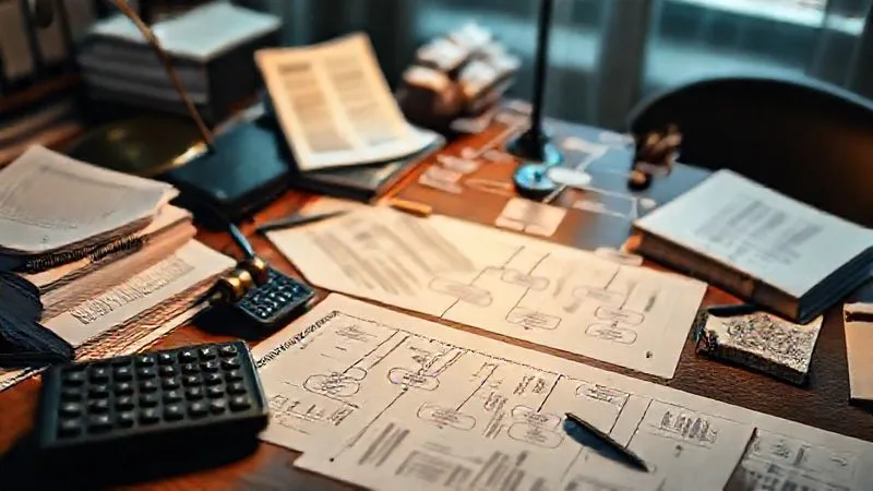 A photorealistic, professional photography shot of a meticulously organized desk with various financial documents, legal texts, a calculator, and a complex flowchart connecting different asset types like real estate, stocks, and business holdings. The scene is bathed in cinematic lighting, with sharp focus on the interconnectedness of the documents, conveying the intricate nature of complex financial planning, 8K hyper-detailed, depth of field blurring the background, shot on a high-end DSLR.