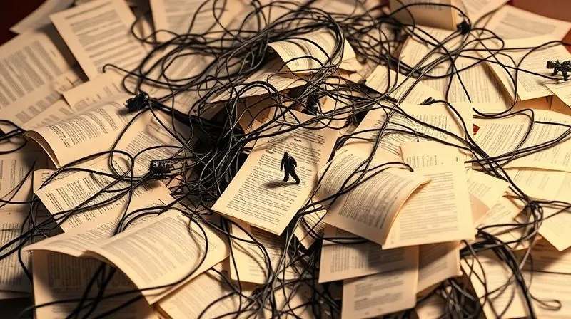 A photorealistic, professional image depicting a tangled, complex web of legal documents and regulations, with small, struggling figures trying to navigate through it. The lighting is harsh, emphasizing the difficulty. 8K, cinematic lighting, sharp focus on the central complexity, depth of field blurring the background, shot on a high-end DSLR.