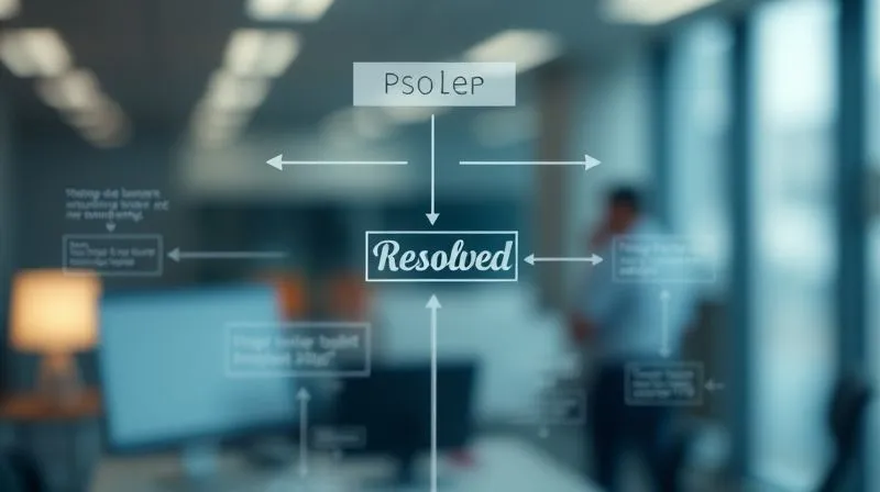 A photorealistic, professional image of a meticulously organized flowchart or project plan, with clear arrows indicating progress and resolution. A hand with a pen is pointing to a “resolved” section. The background is a blurred office environment, suggesting careful planning and execution. 8K, cinematic lighting, sharp focus on the flowchart, depth of field, shot on a high-end DSLR.