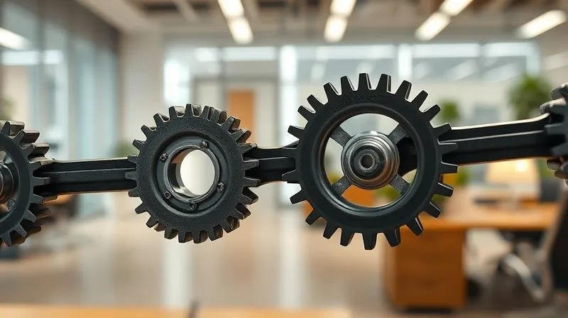 A photorealistic, professional image depicting a strong, interlocking chain made of individual gears, symbolizing a robust and integrated compliance system. The gears are clean, well-oiled, and moving smoothly. The background is a modern, clean office. 8K, cinematic lighting, sharp focus on the gears, depth of field, shot on a high-end DSLR.