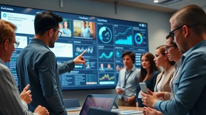 A focused, diverse crisis management team gathered around a large digital dashboard displaying social media feeds and analytical data. One team member points to a specific alert, while others are on phones or typing intently. The room has a sense of urgency and controlled chaos, with cinematic blue and white lighting. 8K, cinematic lighting, sharp focus on the team's faces, depth of field blurring the dashboard, shot on a high-end DSLR, professional photography.