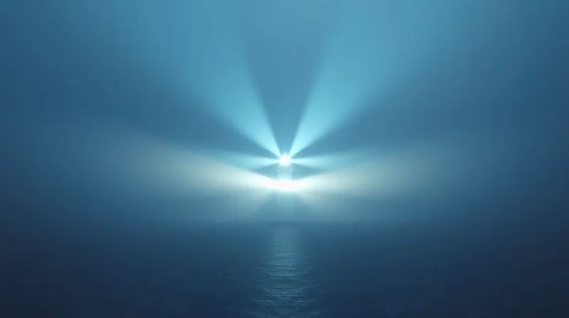 A photorealistic image of a guiding lighthouse beam cutting through a digital fog, illuminating a calm, open ocean with a distant, secure corporate building on the horizon. The light symbolizes clarity and protection amidst the complexities of the digital world. 8K, cinematic lighting, sharp focus on the lighthouse beam, depth of field blurring the fog and distant building, shot on a high-end DSLR, professional photography.