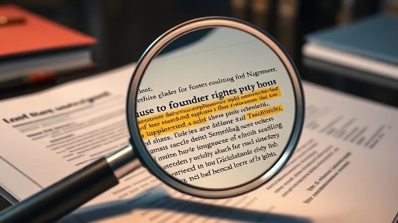 A photorealistic image of a complex legal document with sections highlighted in different colors, representing various share classes and their rights. A magnifying glass focuses on a specific clause related to founder shares. The setting is a modern law office, with cinematic lighting emphasizing the document's details and the thoughtful process of review.