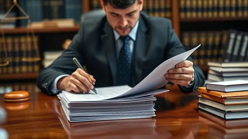 A legal professional meticulously reviewing a stack of regulatory documents on a polished wooden desk, surrounded by legal texts, with a focused and determined expression. Photorealistic, professional photography, 8K, cinematic lighting, sharp focus on the documents, depth of field blurring the background, shot on a high-end DSLR.