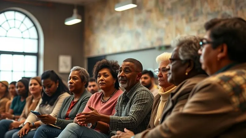 A photorealistic, professional photography, 8K, cinematic lighting, sharp focus, depth of field, shot on a high-end DSLR. Image depicts a diverse group of community members, including youth and elders, participating in an open forum or town hall meeting. They are actively listening and speaking, with a facilitator present, emphasizing dialogue and mutual understanding in a well-lit public space.