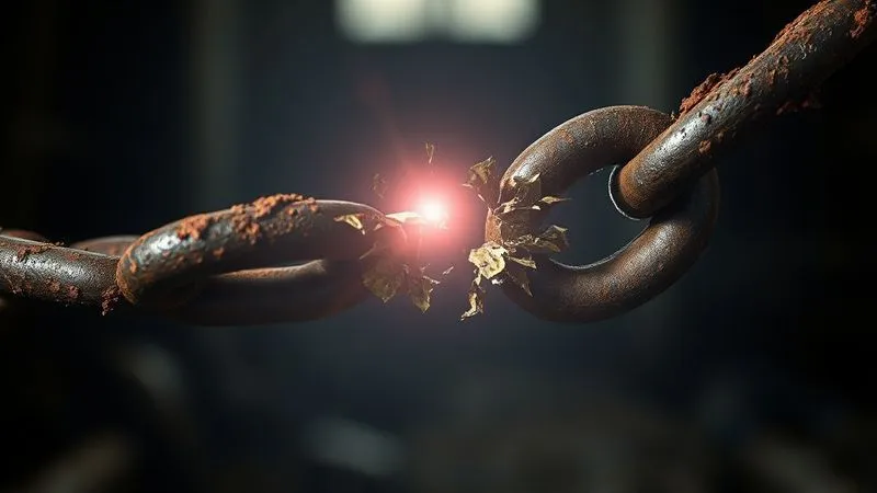 A photorealistic image of a heavy, rusted metal chain breaking apart, with bright light shining through the gaps. Professional photography, 8K, cinematic lighting, sharp focus on the breaking chain, depth of field blurring the background, shot on a high-end DSLR.