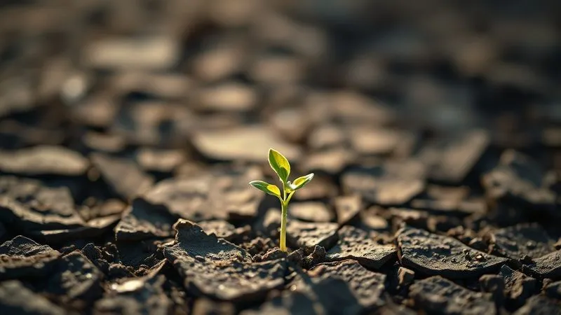 A photorealistic image of a small, resilient plant seedling pushing through cracked earth towards the sunlight, symbolizing new growth and financial recovery. Professional photography, 8K, cinematic lighting, sharp focus on the seedling, depth of field blurring the background, shot on a high-end DSLR.