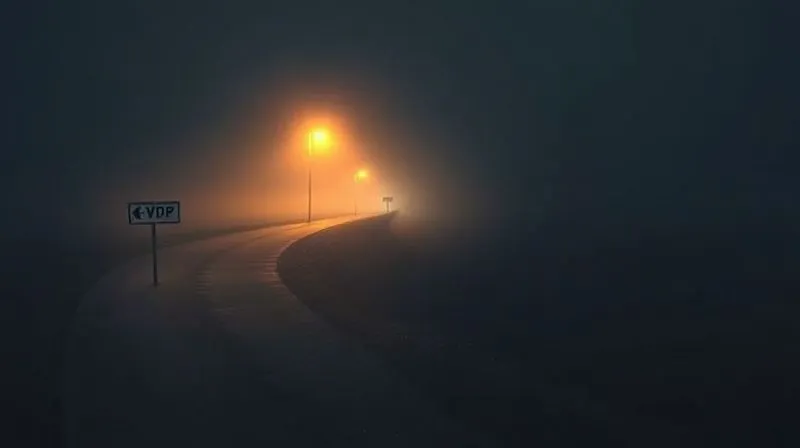 A photorealistic, professional photography, 8K, cinematic lighting, sharp focus, depth of field, shot on a high-end DSLR. Three distinct, illuminated pathways diverging in a dimly lit, foggy landscape, each path clearly marked with a different legal sign (e.g., 'VDP,' 'Streamlined,' 'Delinquent'). The scene conveys a sense of choice and careful navigation through complex options, with a guiding light ahead.