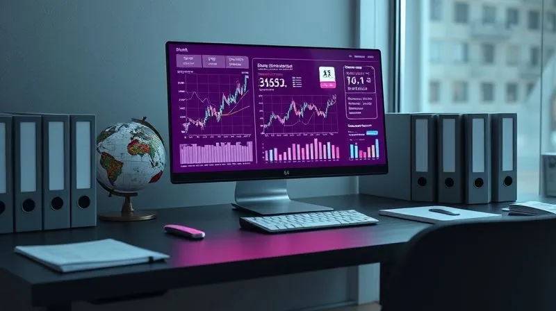 A photorealistic, professional photography, 8K, cinematic lighting, sharp focus, depth of field, shot on a high-end DSLR. A modern, minimalist desk with a glowing digital interface displaying complex financial data and charts, surrounded by clearly labeled folders and a globe. The scene conveys organization, proactive monitoring, and future-oriented financial planning, with a sense of clarity and control.