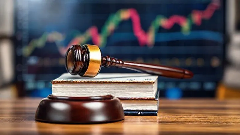 A photorealistic image of a legal gavel resting on a stack of law books, with blurred financial charts and graphs in the background, symbolizing the intersection of law and finance. Professional photography, 8K, cinematic lighting, sharp focus, depth of field, shot on a high-end DSLR.