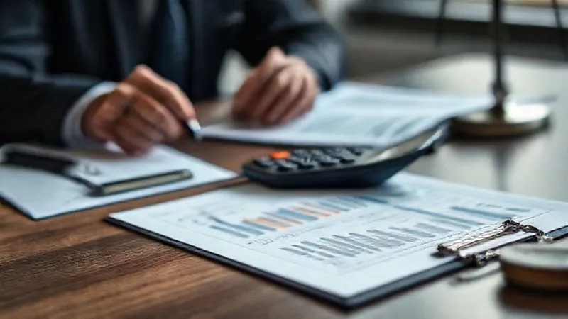 A photorealistic image of a legal pad with detailed financial figures and a calculator on a lawyer's desk, with a blurred attorney and client in the background discussing. The focus is on the documents and tools, conveying precision and expert analysis. Professional photography, 8K, cinematic lighting, sharp focus, depth of field, shot on a high-end DSLR.