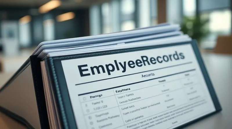 A photorealistic close-up of a meticulously organized binder filled with HR documents and performance reviews, labeled 'Employee Records', in a clean, modern office setting, professional photography, 8K, cinematic lighting, sharp focus, depth of field, shot on a high-end DSLR.