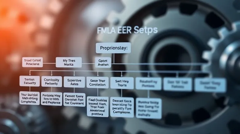 A photorealistic image of a detailed, organized flowchart illustrating FMLA compliance steps, with gears smoothly turning in the background, professional photography, 8K, cinematic lighting, sharp focus, depth of field, shot on a high-end DSLR.