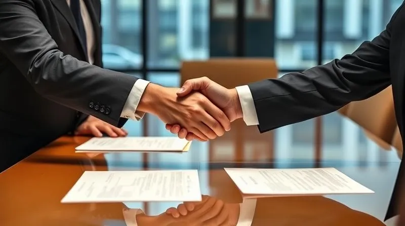 A photorealistic image of a confident business leader shaking hands with a legal professional across a polished conference table, legal documents subtly visible, signifying expert consultation and guidance, professional photography, 8K, cinematic lighting, sharp focus, depth of field, shot on a high-end DSLR.