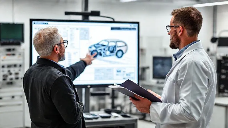 A photorealistic image of two forensic engineers in a clean, modern lab setting, reviewing digital schematics of a vehicle crash on a large monitor. One expert points to a detail on the screen while the other takes notes. They are collaborating intently, surrounded by technical equipment. Cinematic lighting, sharp focus on the experts and screen, depth of field blurring the background, 8K hyper-detailed, professional photography, shot on a high-end DSLR.