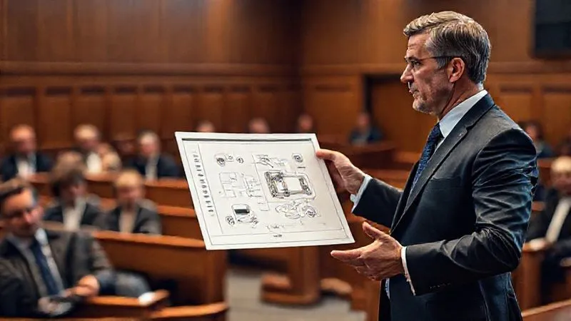 A photorealistic image of a lawyer in a courtroom, confidently presenting a detailed diagram of a vehicle accident to a jury. The lawyer is well-dressed, gesturing towards the exhibit with conviction. The jury members are attentive, and the courtroom setting is formal with wooden benches and natural light. Cinematic lighting, sharp focus on the lawyer and diagram, depth of field blurring the background, 8K hyper-detailed, professional photography, shot on a high-end DSLR.
