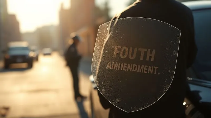 A photorealistic image depicting a person standing beside their car, with a subtle, shimmering, translucent shield around them, representing the Fourth Amendment's protection. A police K9 is visible in the background, but the focus is on the individual's rights. Cinematic lighting, sharp focus, 8K hyper-detailed, depth of field, professional photography, shot on a high-end DSLR.