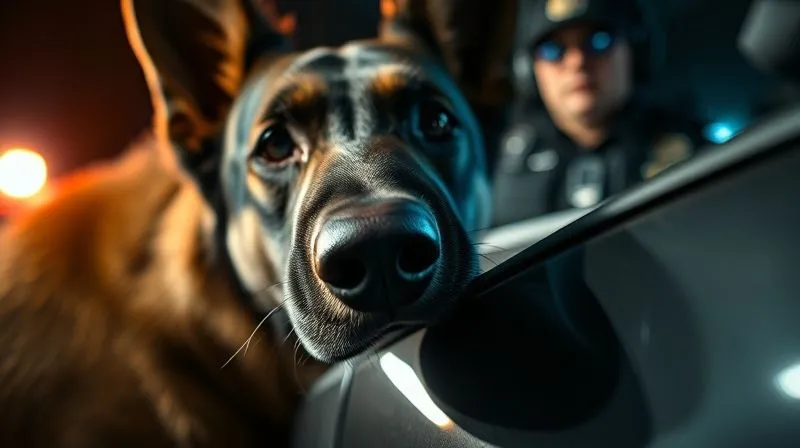 A photorealistic close-up of a police K9's nose sniffing the seam of a car door, with a blurred, out-of-focus background of a police officer and the vehicle. The lighting is stark and dramatic, emphasizing the dog's intense focus. 8K hyper-detailed, professional photography, sharp focus, depth of field, shot on a high-end DSLR.