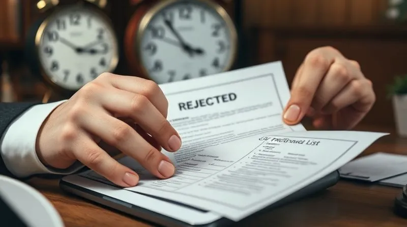 photorealistic, professional photography, 8K, cinematic lighting, sharp focus, depth of field, shot on a high-end DSLR. A legal professional's hands meticulously reviewing documents, including a rejected credit counseling certificate and a U.S. Trustee's approval list on a tablet, with a focused expression, suggesting urgent problem-solving. A clock in the background subtly indicates the passage of time.