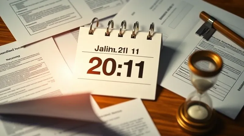 photorealistic, professional photography, 8K, cinematic lighting, sharp focus, depth of field, shot on a high-end DSLR. A calendar with the current date highlighted, surrounded by various legal documents and a small hourglass, symbolizing the critical importance of deadlines and timing in legal processes. The light is focused on the calendar, creating a sense of urgency.