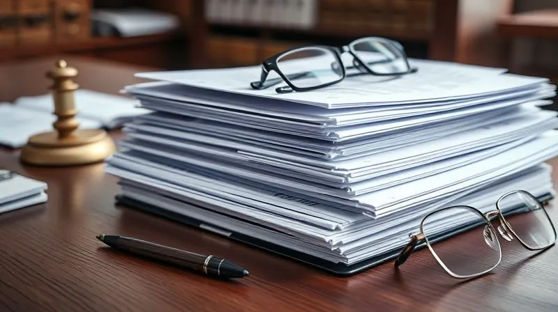 photorealistic, professional photography, 8K, cinematic lighting, sharp focus, depth of field, shot on a high-end DSLR, a stack of meticulously organized legal documents on a lawyer's desk, labeled folders, a pen, and a pair of reading glasses, signifying diligent preparation and attention to detail.