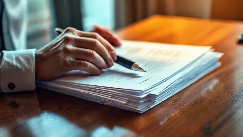 A photorealistic image of a stack of official legal documents and a pen on a polished wooden desk, with a person's hands carefully reviewing them, illuminated by a soft, warm light from a nearby window, conveying diligence and thoroughness. The focus is on the documents, with a shallow depth of field.