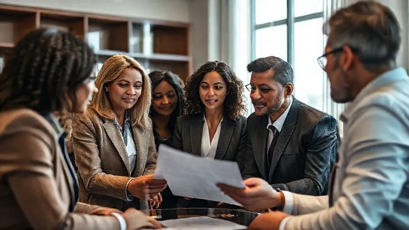 A photorealistic, professional photography, 8K, cinematic lighting, sharp focus, depth of field shot on a high-end DSLR of a diverse group of people in a professional setting, possibly a lawyer's office, engaged in a serious discussion, with one person pointing to a document. The atmosphere is collaborative and focused, symbolizing legal guidance and support.