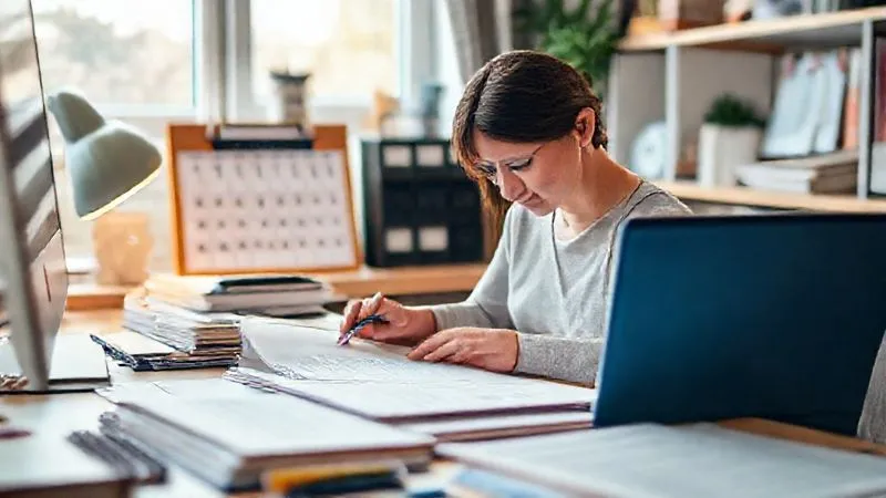 A photorealistic image of a person meticulously organizing files and documents in a well-lit home office, with a calendar visible in the background, suggesting careful planning and preparation. The atmosphere is calm and focused, with a clean and organized aesthetic.