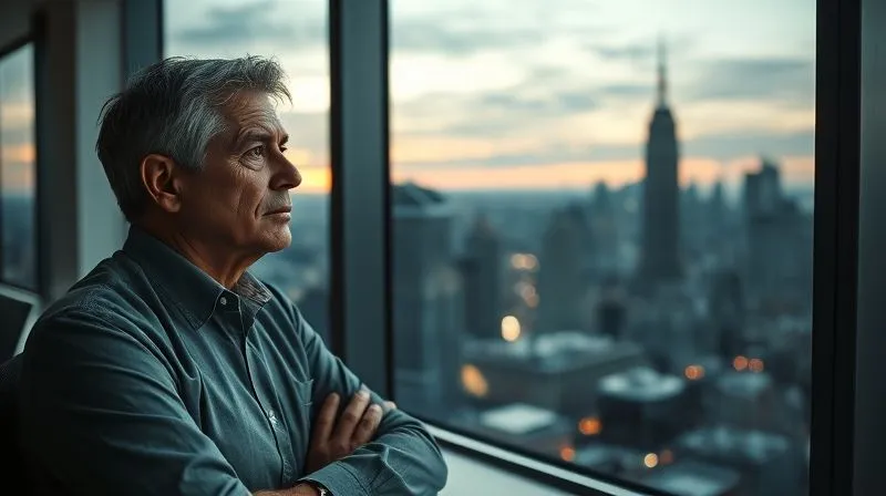 A photorealistic image of a corporate secretary, looking thoughtful and slightly fatigued but resolute, gazing out a large office window at a city skyline at dusk, symbolizing reflection after a significant corporate battle, cinematic lighting, sharp focus, 8K, professional photography.