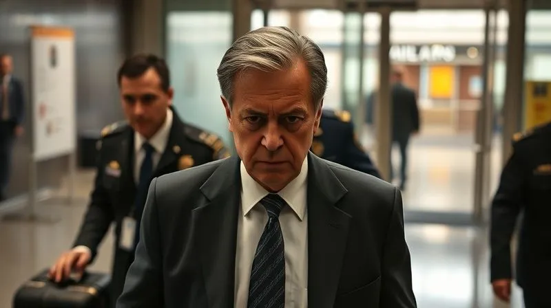 A photorealistic, professional photography, 8K, cinematic lighting, sharp focus, depth of field, shot on a high-end DSLR, depicting a stern diplomat being politely but firmly escorted by two security personnel towards an airport gate, their luggage nearby. The diplomat's face shows a mixture of anger and resignation, while the security personnel remain neutral and professional. The background is slightly blurred to emphasize the figures.