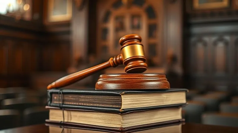 photorealistic, professional photography, 8K, cinematic lighting, sharp focus, depth of field, shot on a high-end DSLR, a traditional wooden gavel resting on a stack of worn, leather-bound law books, with a blurred background of a dimly lit courtroom, evoking a sense of legal gravity and judicial authority.