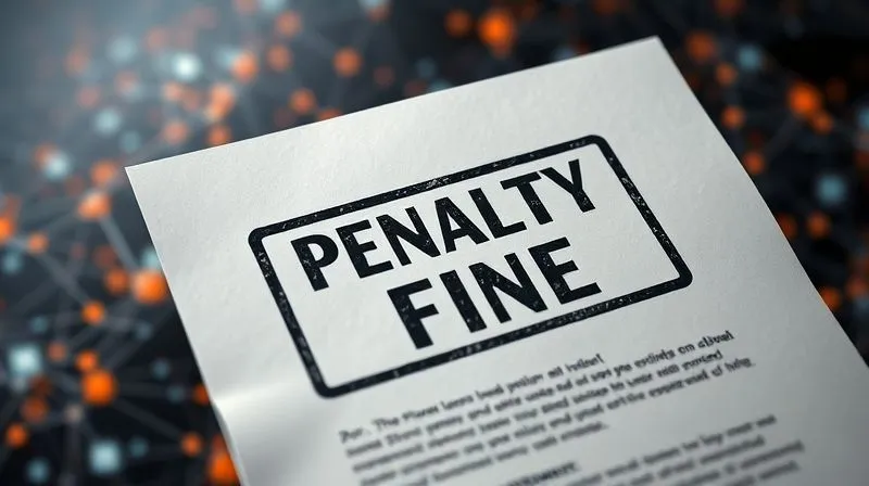 A photorealistic image of a legal document with a stamp of 'Penalty' or 'Fine' on it, overlaid on a blurred background of a complex digital network, 8K, cinematic lighting, sharp focus on the document, depth of field, shot on a high-end DSLR.