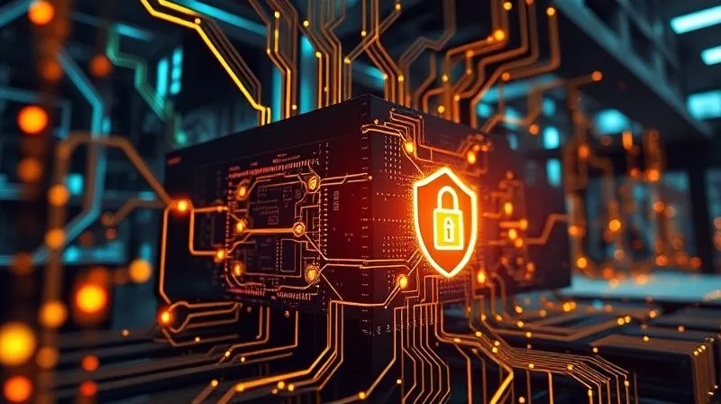 A photorealistic image of a secure, glowing digital fortress or network node, with intricate data streams flowing securely, surrounded by a protective shield. Professional photography, 8K, cinematic lighting, sharp focus, depth of field, shot on a high-end DSLR.
