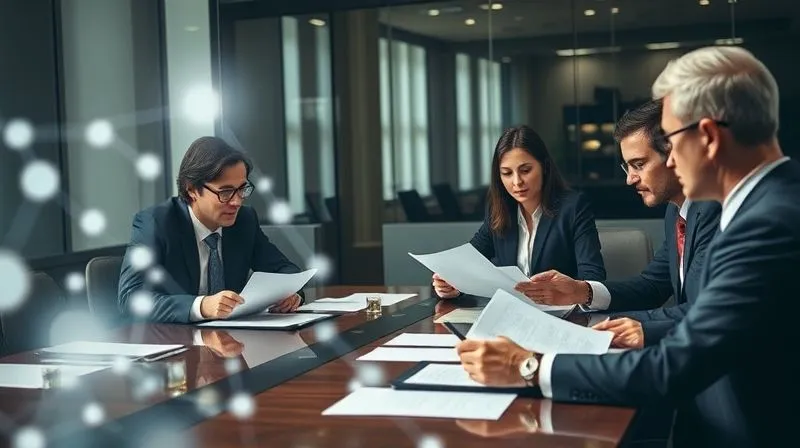 A photorealistic image of a legal team intently reviewing documents around a conference table, with a glowing digital network overlay subtly visible, symbolizing the intersection of law and technology. Professional photography, 8K, cinematic lighting, sharp focus on the team, depth of field, shot on a high-end DSLR.