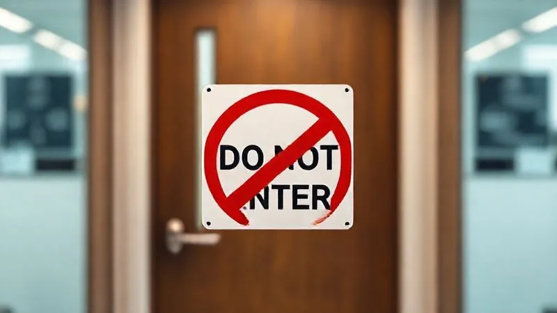 photorealistic, professional photography, 8K, cinematic lighting, sharp focus, depth of field, shot on a high-end DSLR, a blurred office background with a single, sharp focus on a 'Do Not Enter' sign placed conspicuously on an office door, symbolizing exclusion and adverse action.
