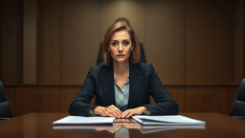 photorealistic, professional photography, 8K, cinematic lighting, sharp focus, depth of field, shot on a high-end DSLR, a strong, professional female lawyer with a calm yet determined expression, sitting across a large conference table from a blurred, imposing corporate figure. The lawyer is clearly in control, gesturing towards documents, symbolizing expert negotiation and legal representation. The lighting highlights her confident posture.