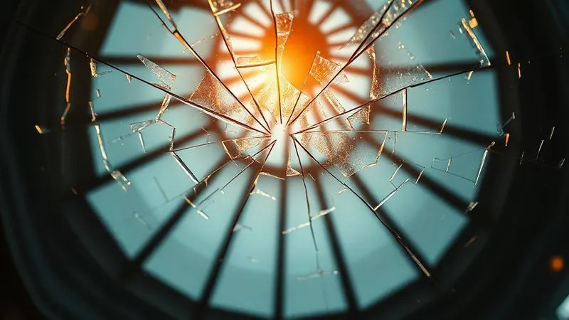 photorealistic, professional photography, 8K, cinematic lighting, sharp focus, depth of field, shot on a high-end DSLR, a symbolic image of a shattered glass ceiling slowly re-forming, with a warm, hopeful light shining through the cracks, representing justice and restoration after a struggle. The focus is on the intricate details of the mending glass.